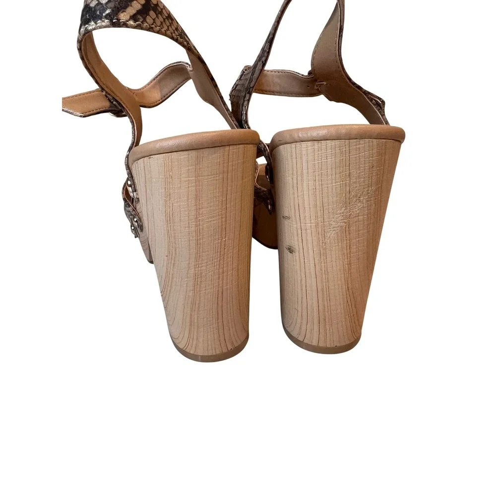 kaari blue‎ Women's Snake Print Platform Wedge Sandals Wood Heel; Ankle Strap